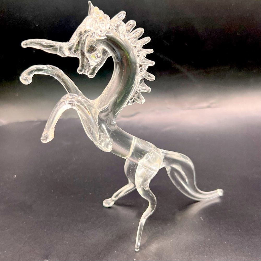 Vintage Unicorn Rearing Blown Glass Figurine Delicate and Lovely 5” tall
